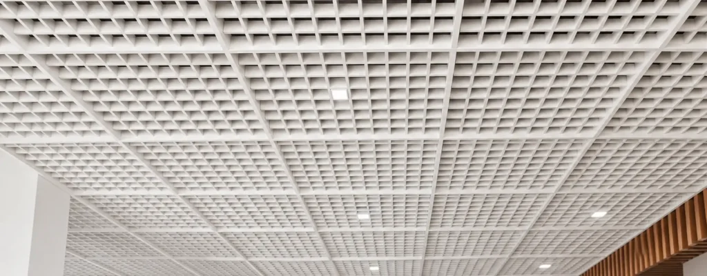 White aluminum open cell grid ceiling installed in a commercial interior