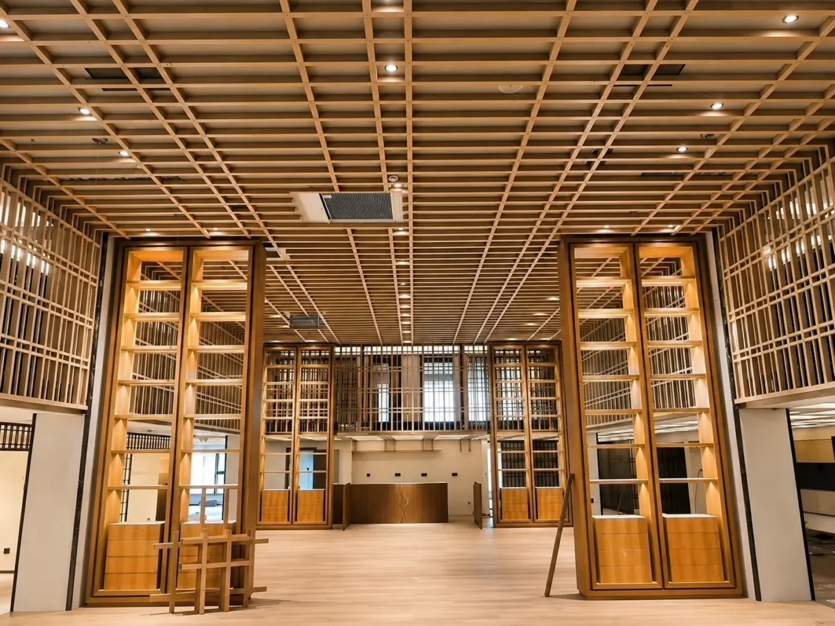 Wood-grain aluminum open cell ceiling system in a modern commercial interior