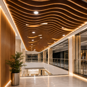Custom curved aluminum baffle ceiling system