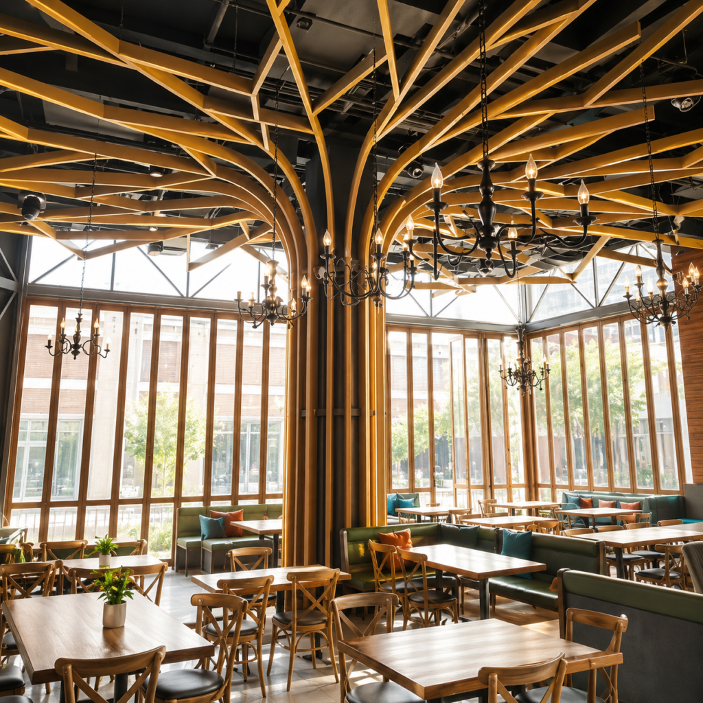 Custom wood grain curved aluminum baffle ceiling with tree-inspired design