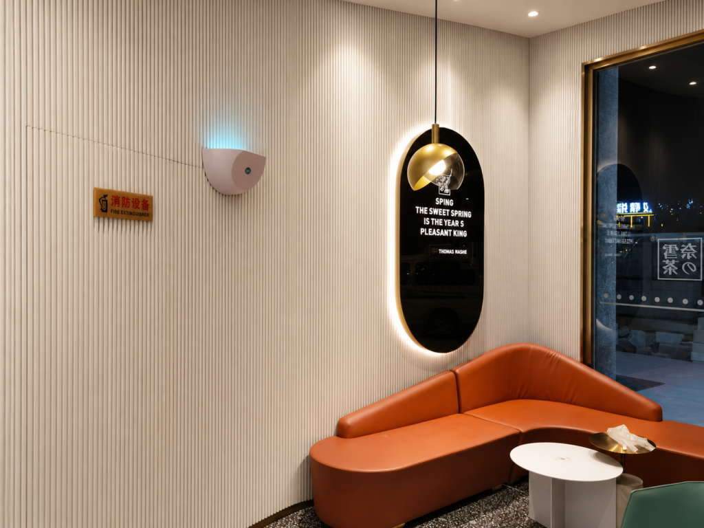 Decorative curved aluminum wall panel in a modern interior