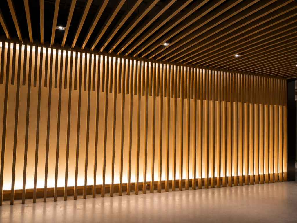 Wood grain recessed aluminum baffle ceiling installed in a commercial interior