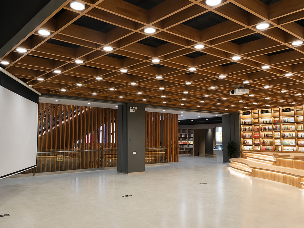 Wood grain aluminum open cell ceiling with integrated lighting in a commercial hall
