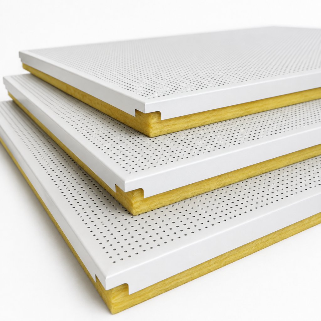 Stacked perforated aluminum composite ceiling panels with fiberglass acoustic cores