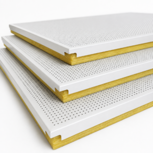 Stacked perforated aluminum composite ceiling panels with fiberglass acoustic cores