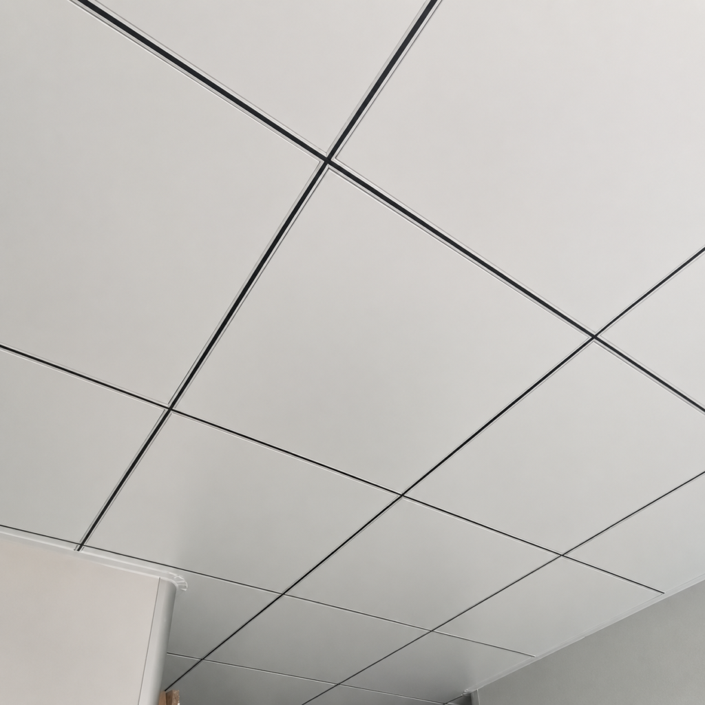 White tegular aluminum ceiling tiles installed in a 600x600mm T-grid system