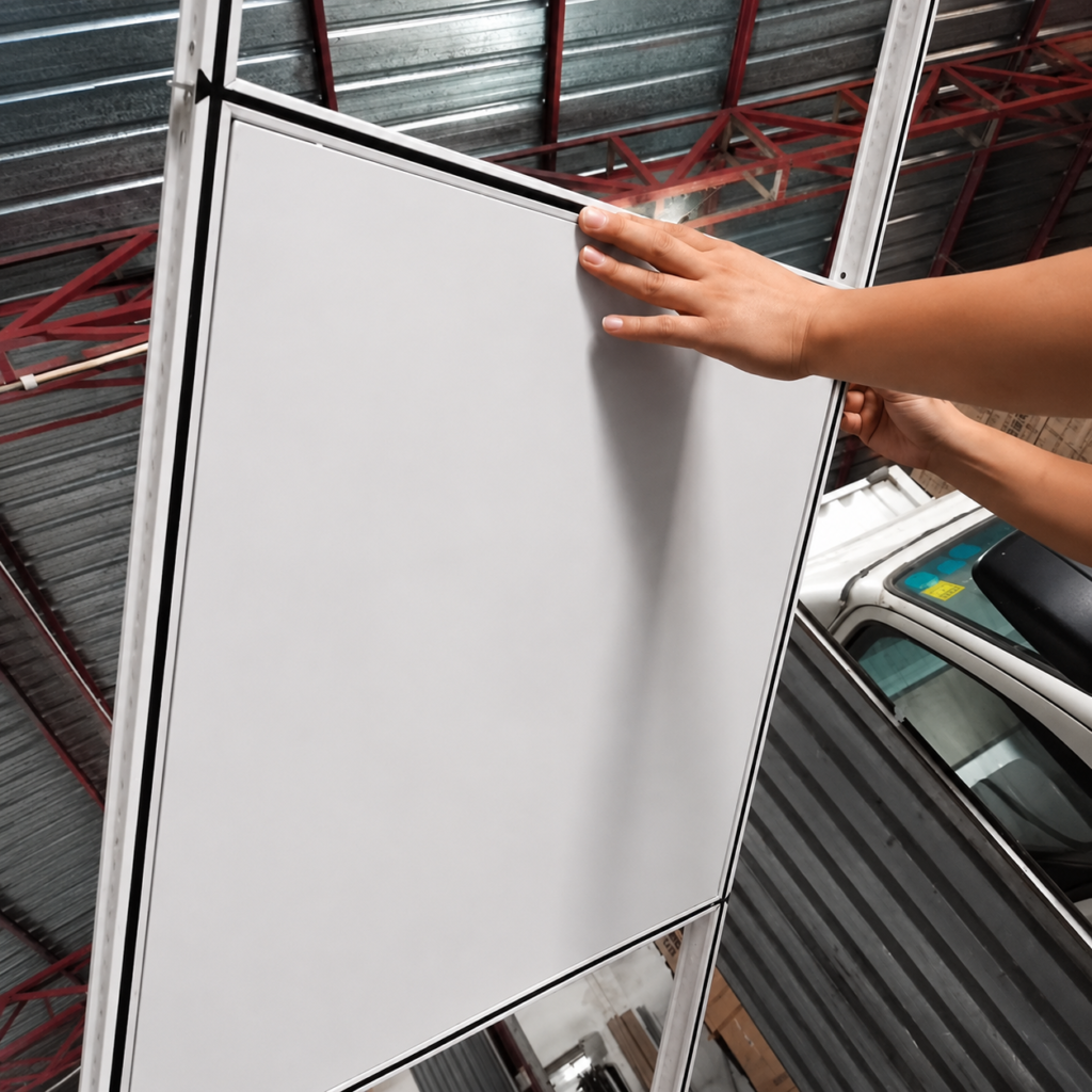 White tegular aluminum ceiling tile with recessed edge during product inspection