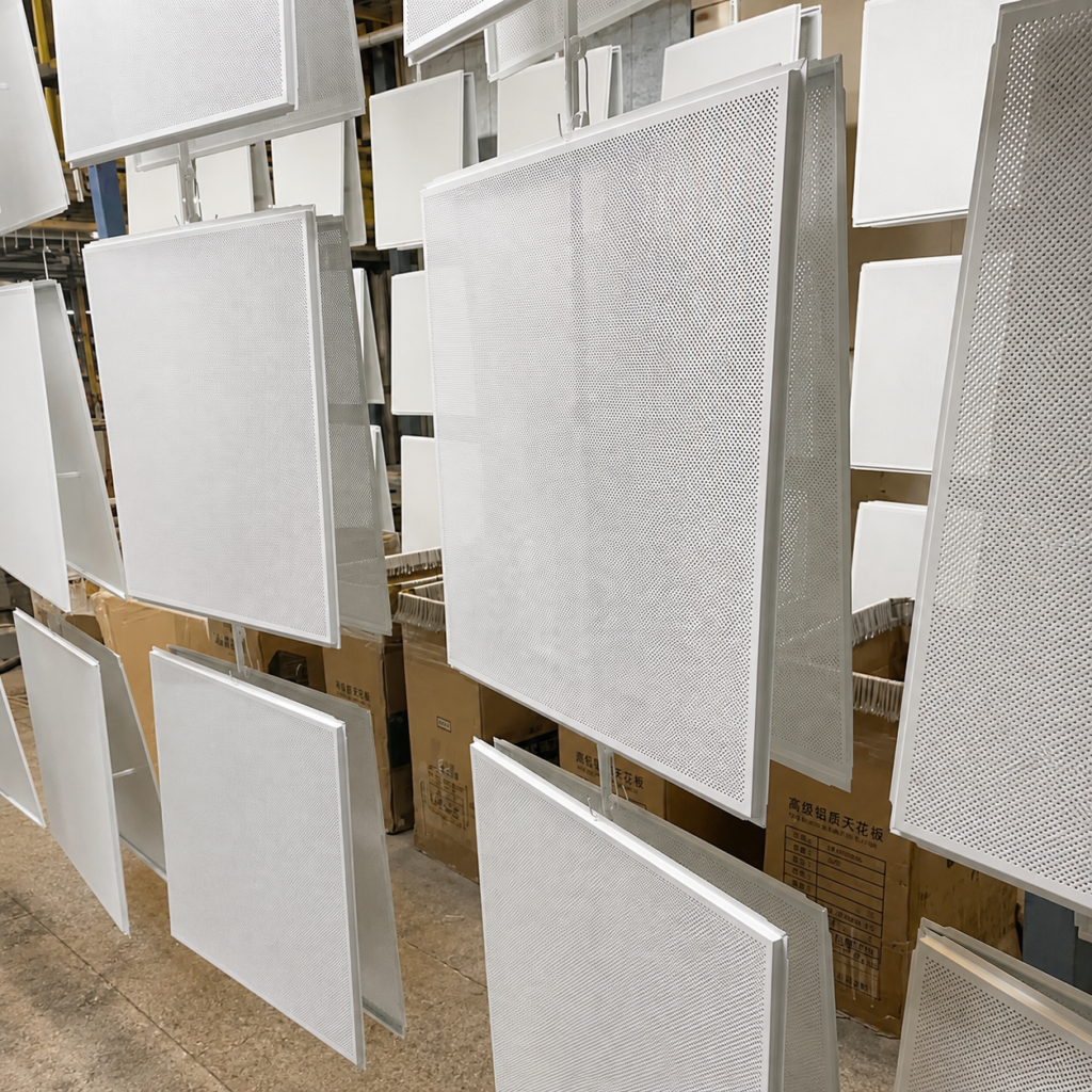 White perforated tegular aluminum ceiling tiles displayed in the factory