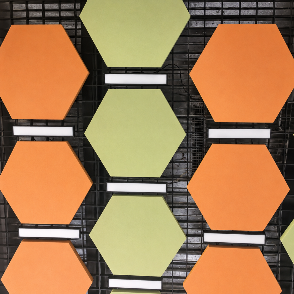 Orange and green hexagon custom fiberglass acoustic panels in a decorative layout
