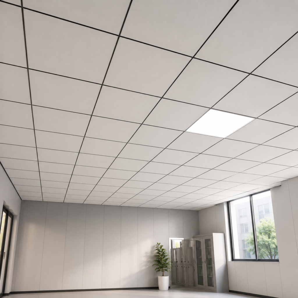 White fiberglass acoustic panels installed in a modern office ceiling