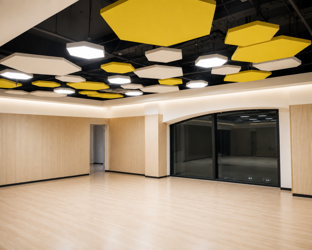 Yellow hexagon custom fiberglass acoustic panels installed on a modern ceiling