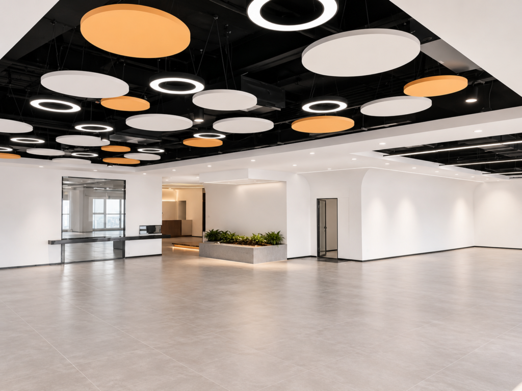 Circular fiberglass acoustic ceiling panels installed in a modern commercial interior