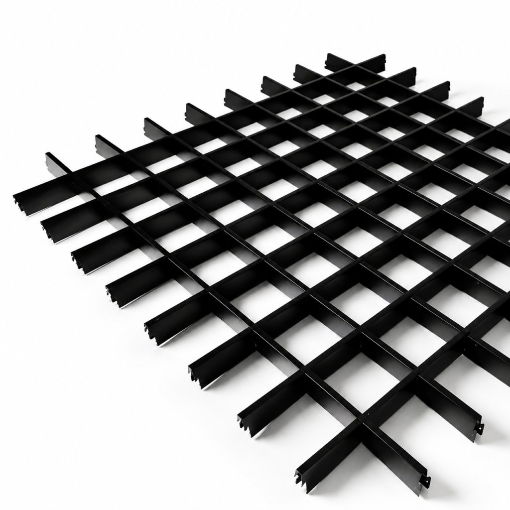 Black aluminum open cell ceiling module with square grid design