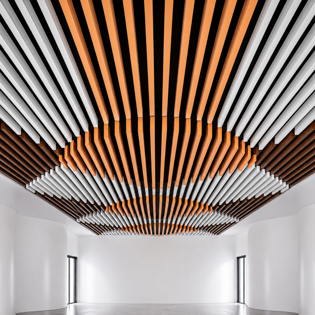 Custom aluminum baffle ceiling with orange and white linear design
