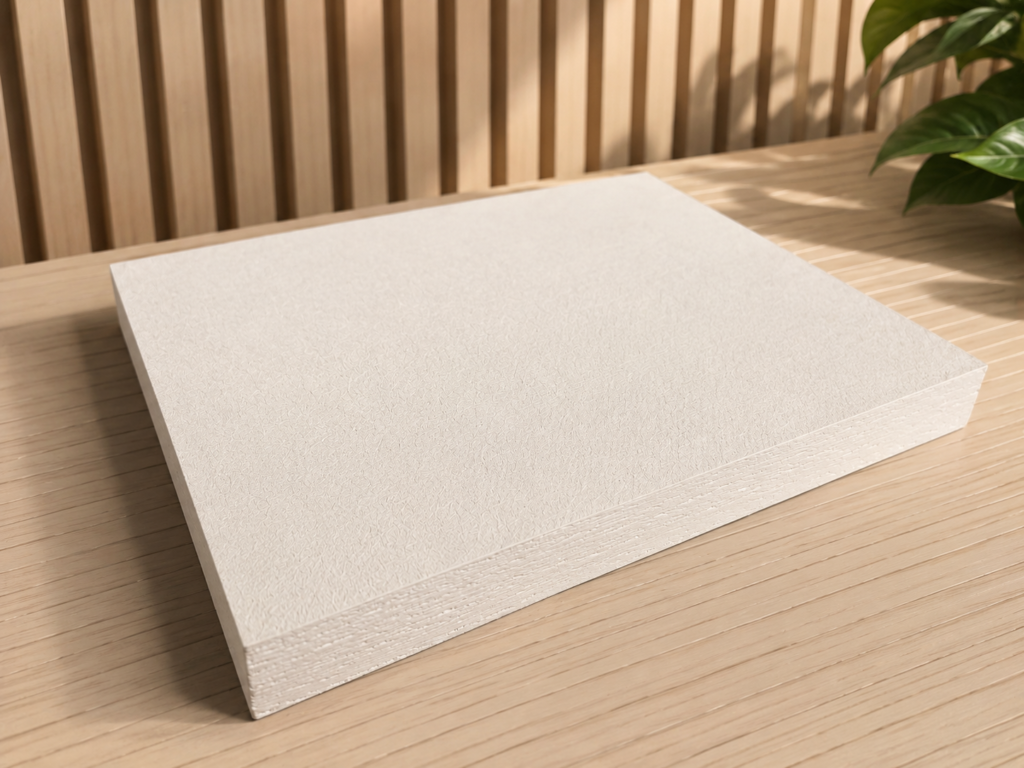 White fiberglass acoustic ceiling panel sample displayed on a wooden table