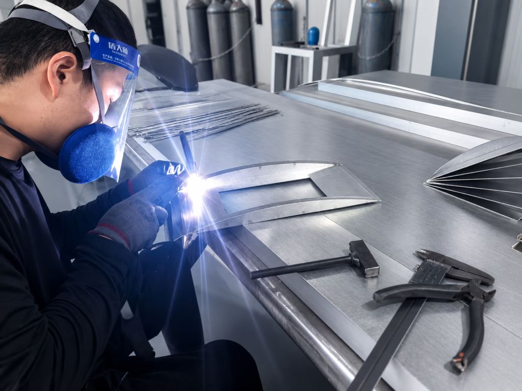 Worker welding custom aluminum panels in a manufacturing workshop