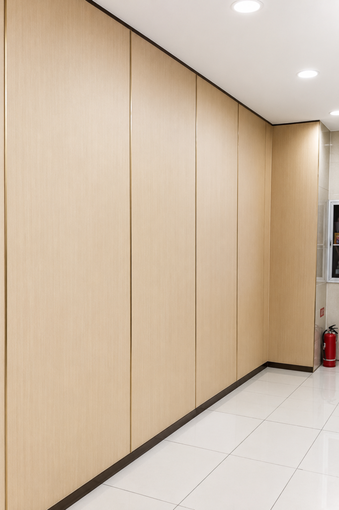 Beige composite sound insulation wall panels installed in a commercial corridor