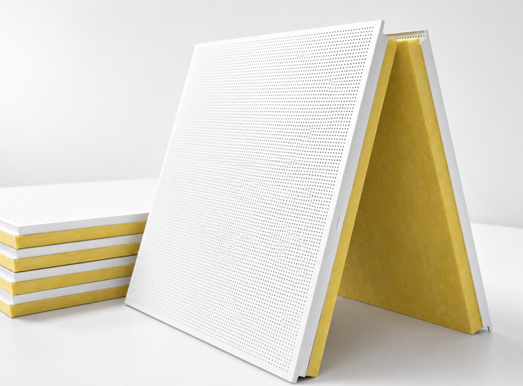 Aluminum composite sound-absorbing ceiling panel with acoustic core structure