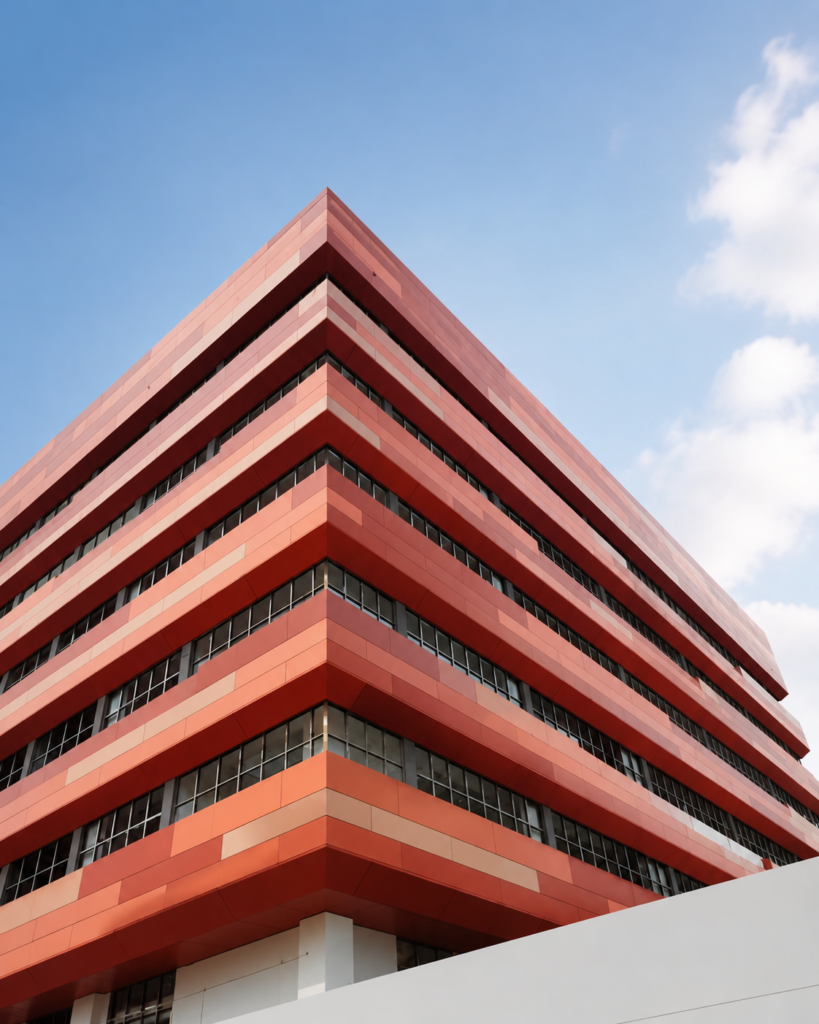 Red aluminum veneer panels installed on a commercial building facade