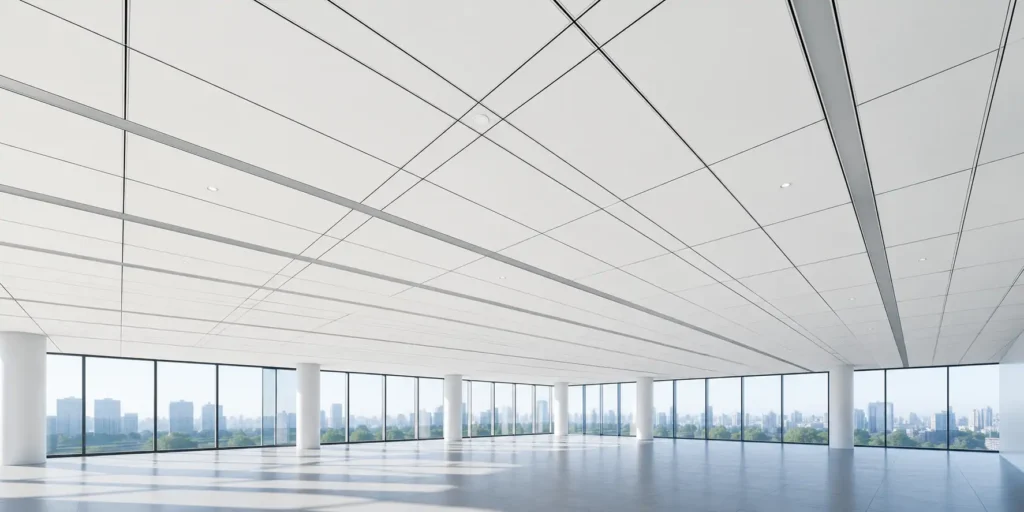 White fiberglass acoustic ceiling panels installed in a bright commercial interior