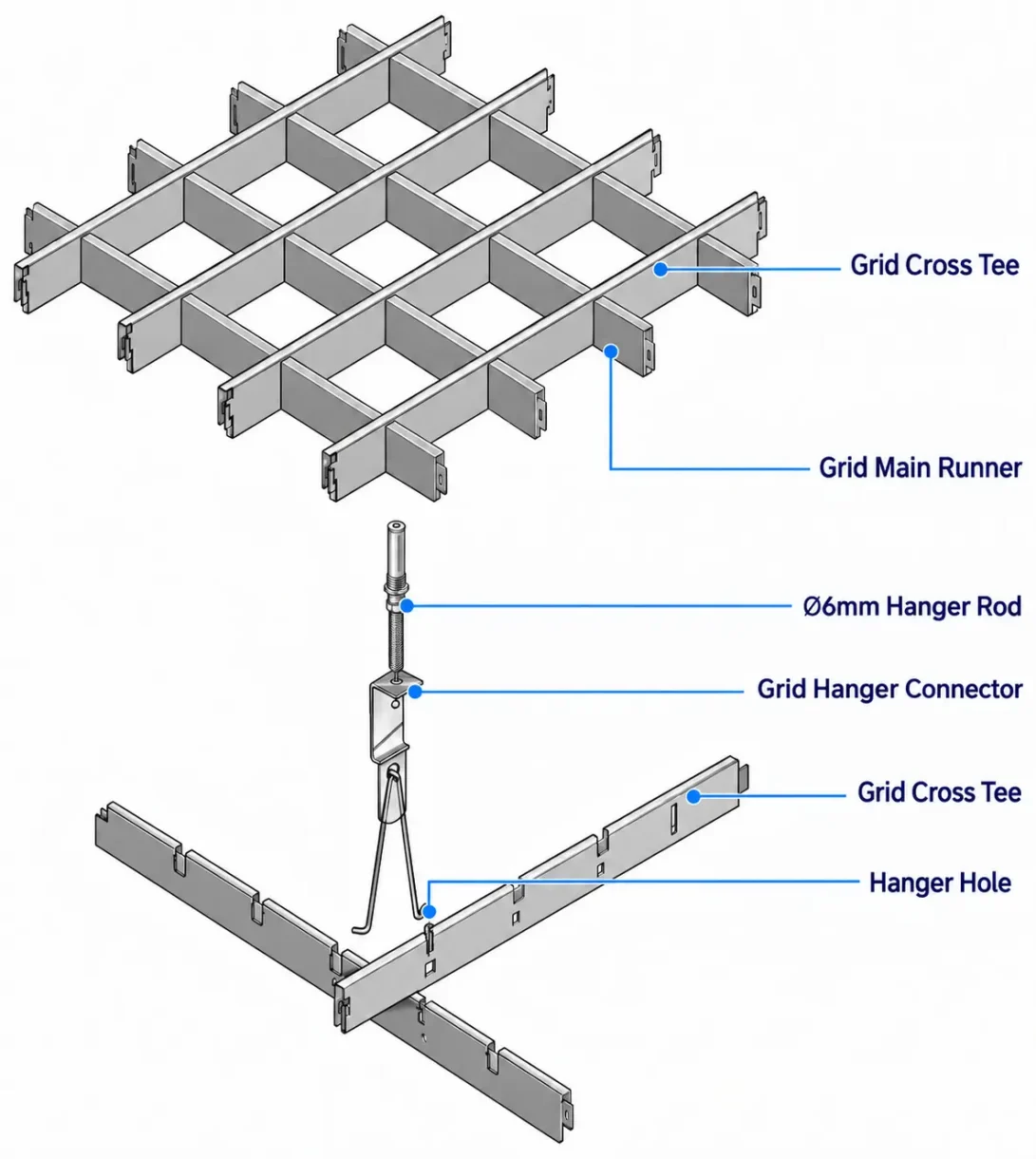 Aluminum open cell ceiling installation diagram showing grid main runners, cross tees, hanger rods and connectors
