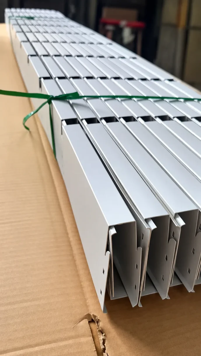 Stacked aluminum open cell ceiling grid profiles with green packing strap