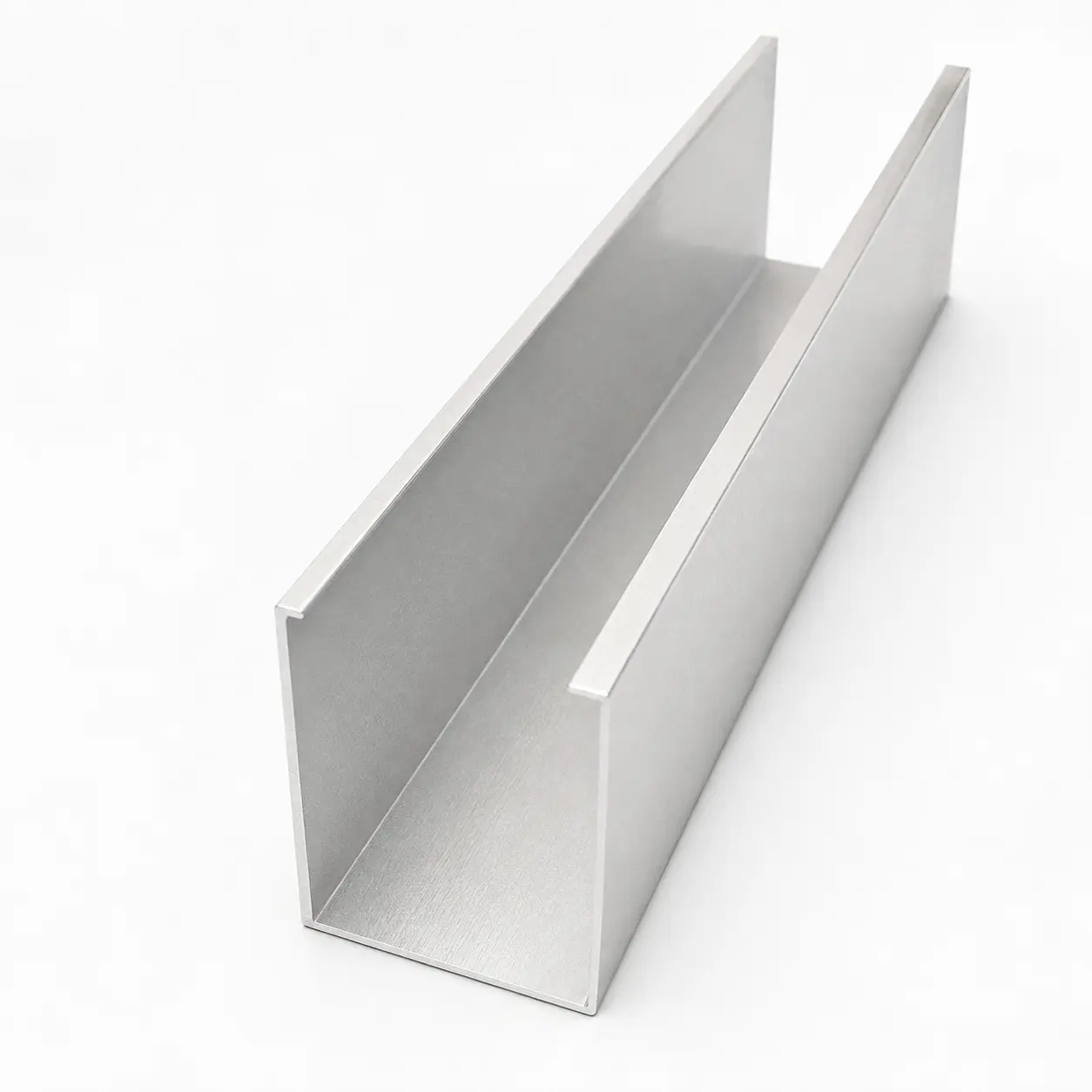U-shaped aluminum baffle ceiling profile showing its open channel and folded upper edges
