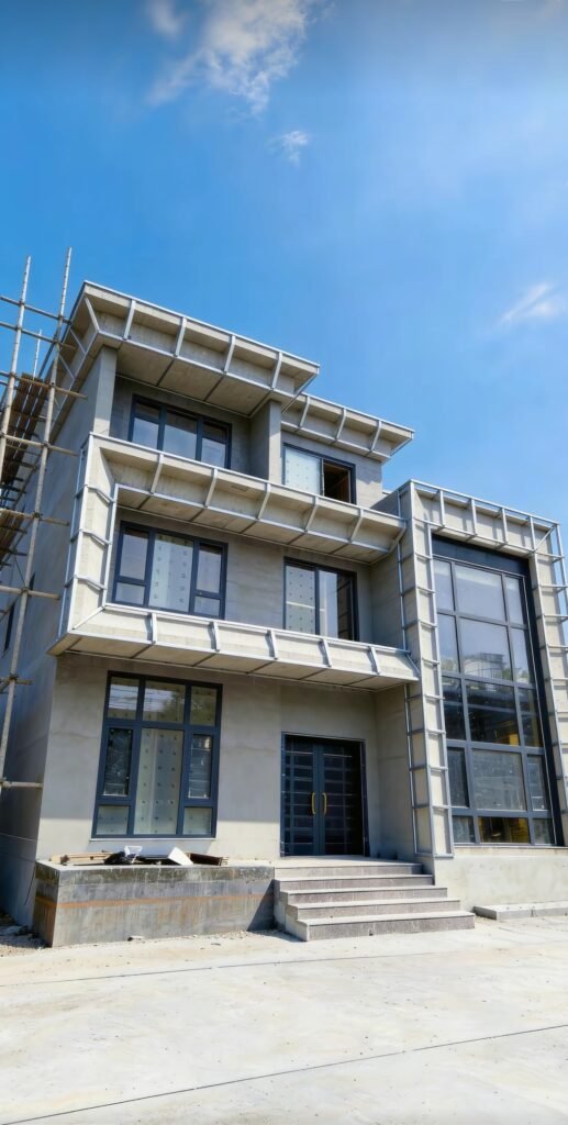 Gray aluminum veneer panels installed on a modern commercial building facade
