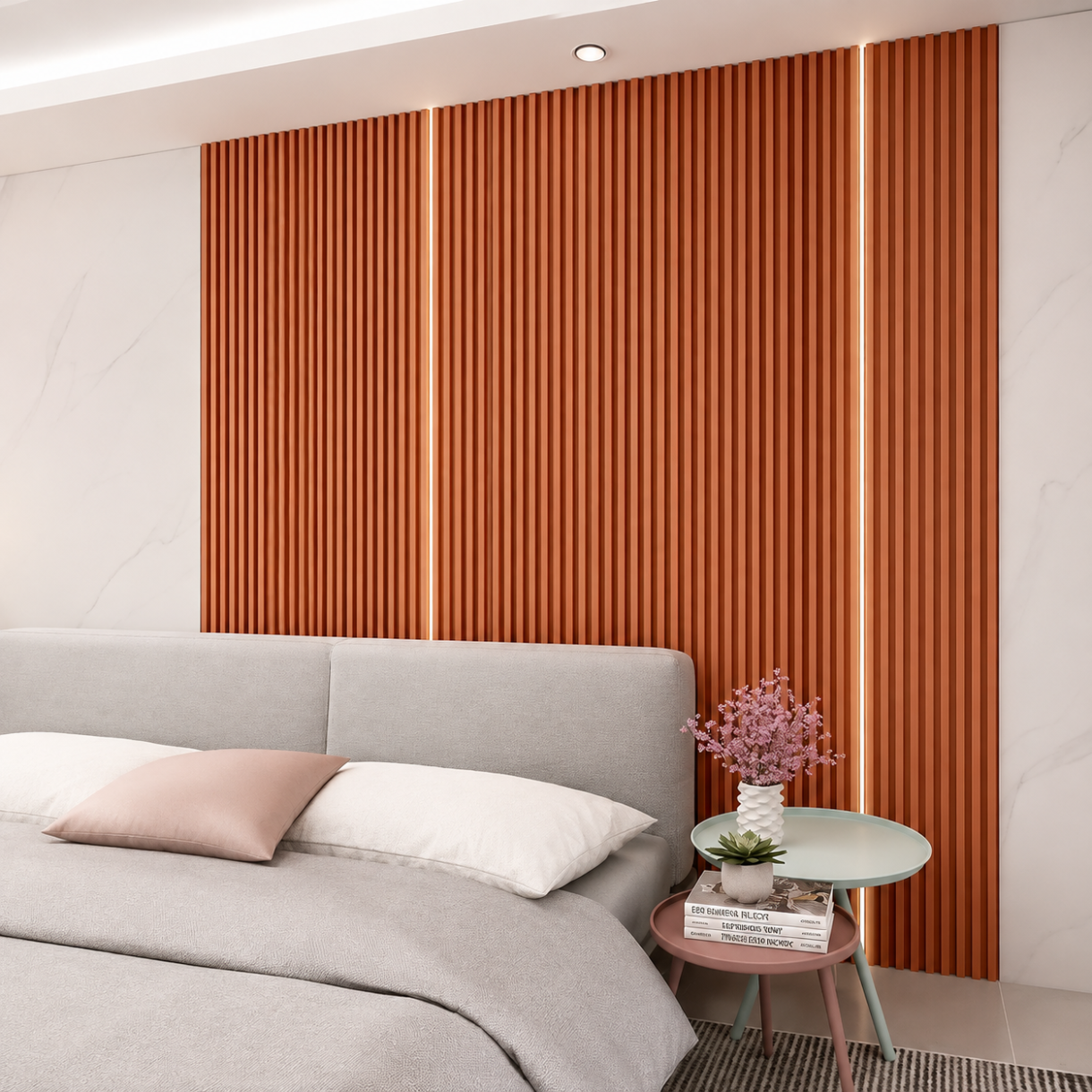 Warm-toned fluted aluminum wall panels installed as a modern decorative feature wall behind a bed.
