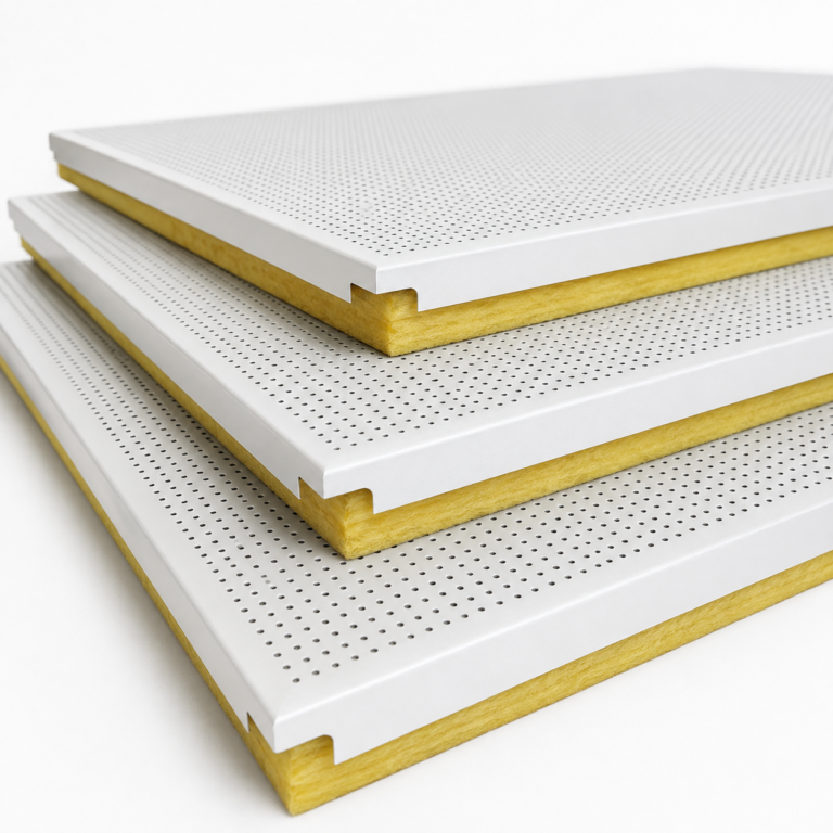 Stacked perforated aluminum composite ceiling panels with fiberglass acoustic cores