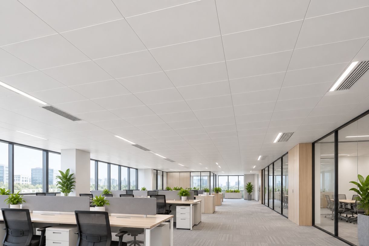 Aluminum ceiling tiles installed in a modern commercial office