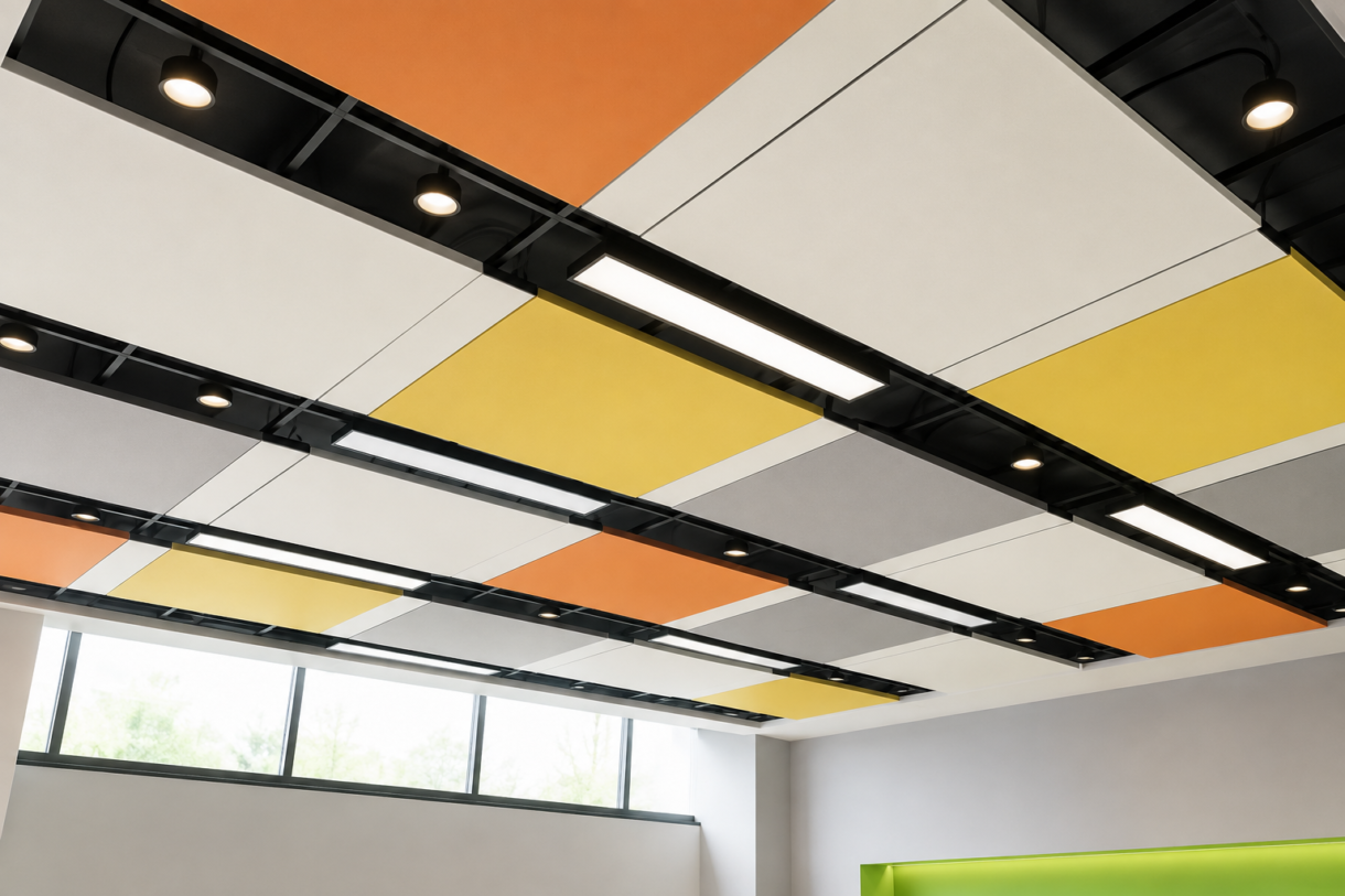 Colorful rectangular fiberglass acoustic panels suspended from a modern ceiling