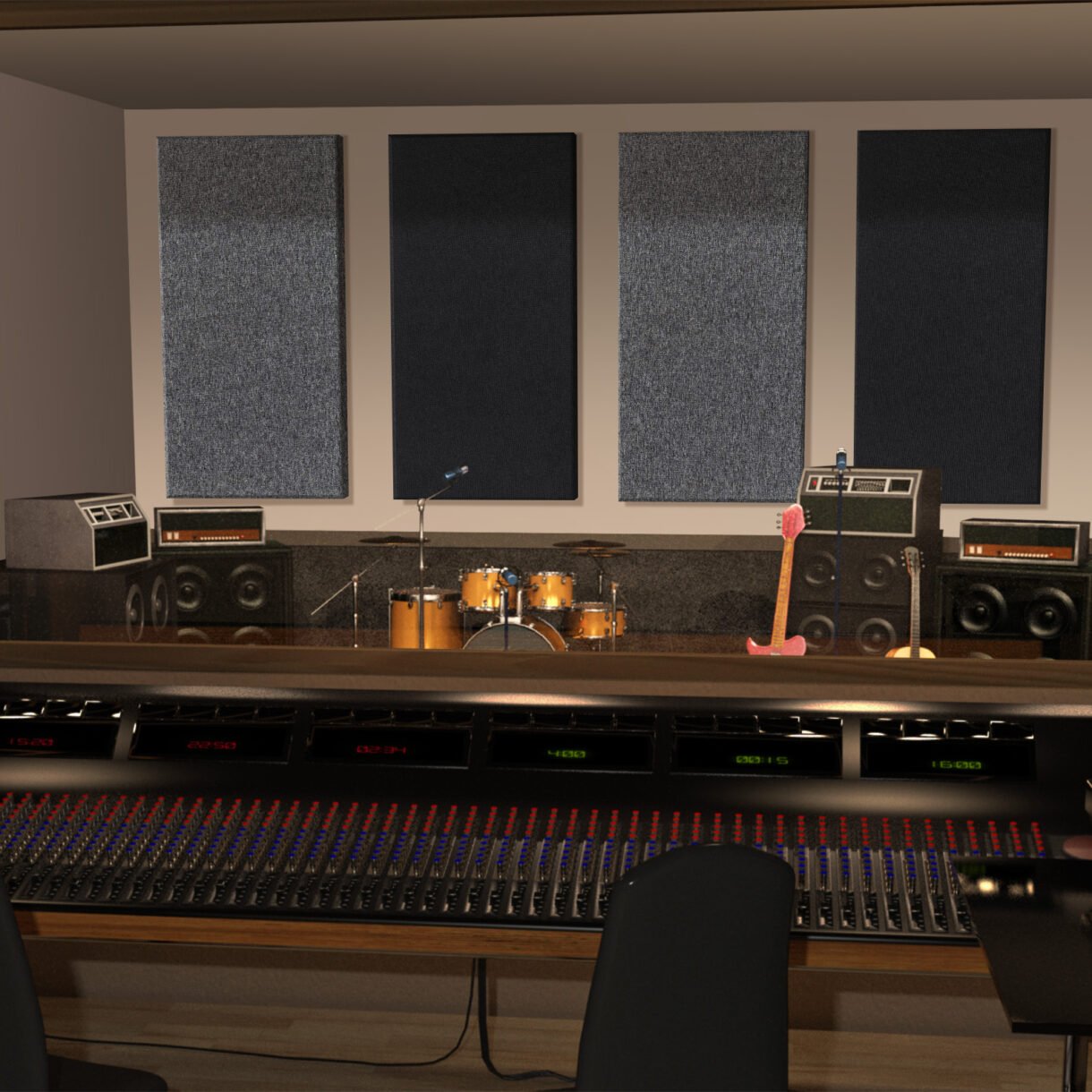 Fabric-wrapped fiberglass acoustic panels installed in a music recording studio