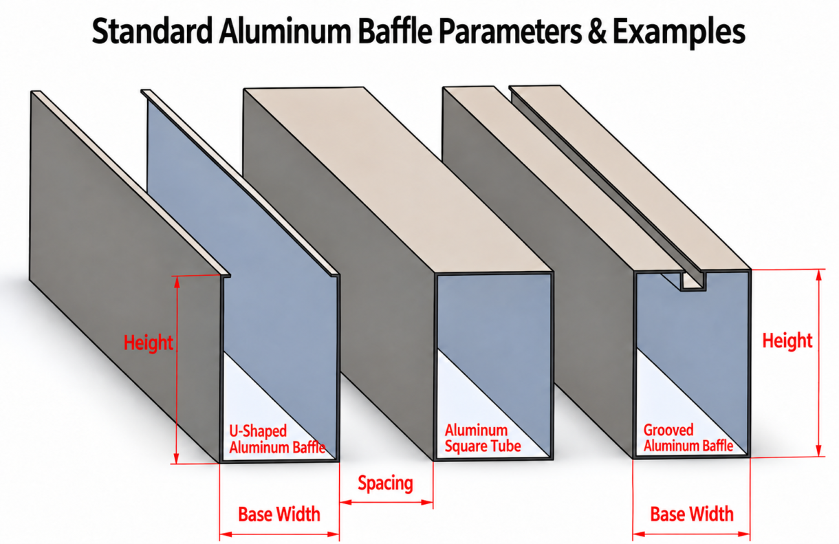 Standard parameters and dimensions for U-shaped and grooved aluminum baffle ceilings