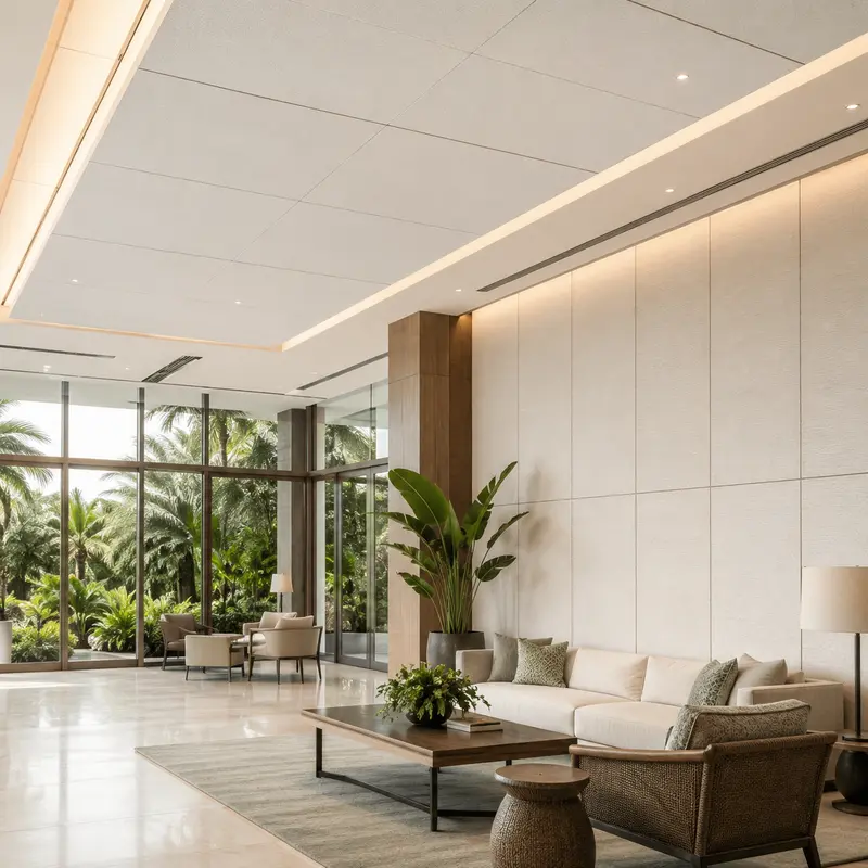 Moisture-resistant fiberglass acoustic panels in a tropical commercial interior