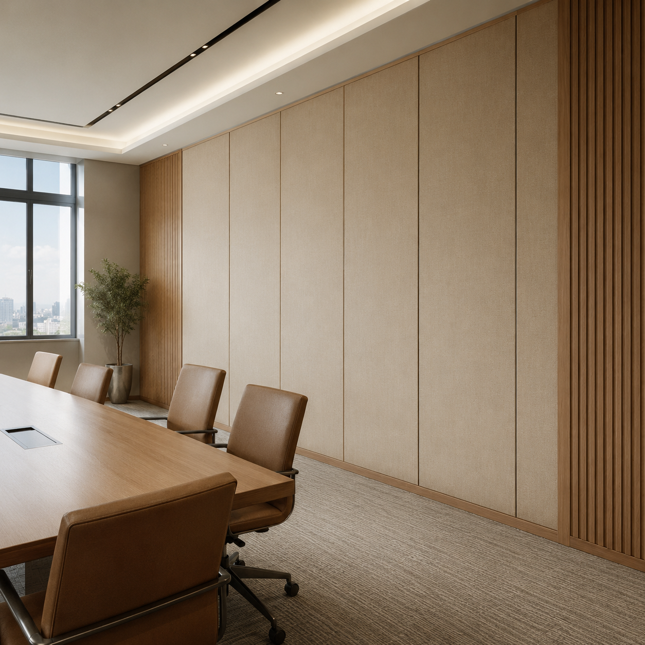 Decorative sound insulation wall panels installed in a modern commercial meeting room