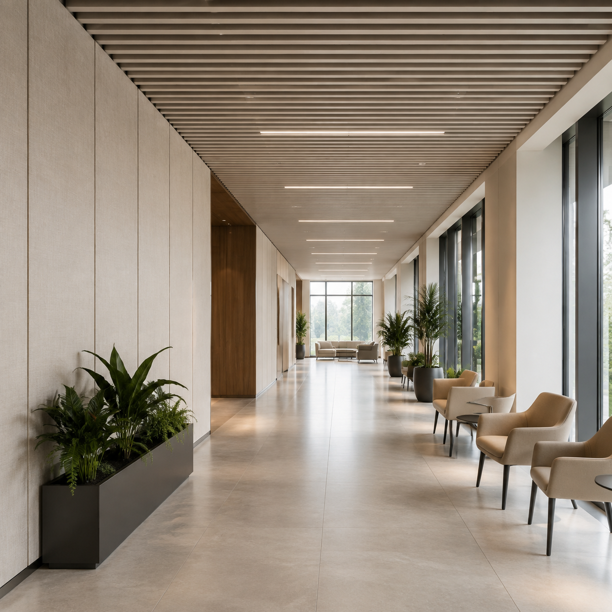 Aluminum baffle ceiling and acoustic wall panels in a modern commercial interior