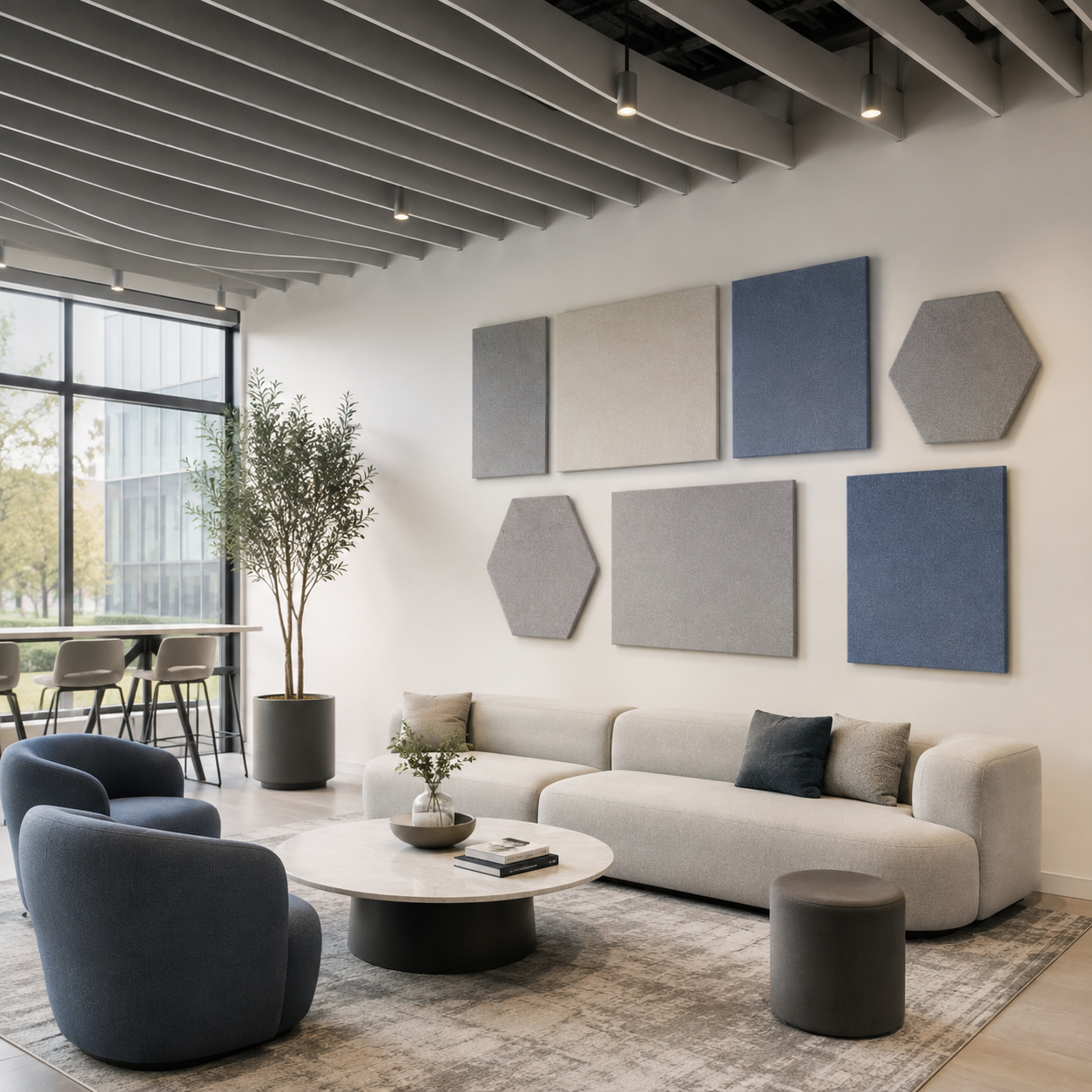 Custom fiberglass acoustic wall panels in a modern commercial interior
