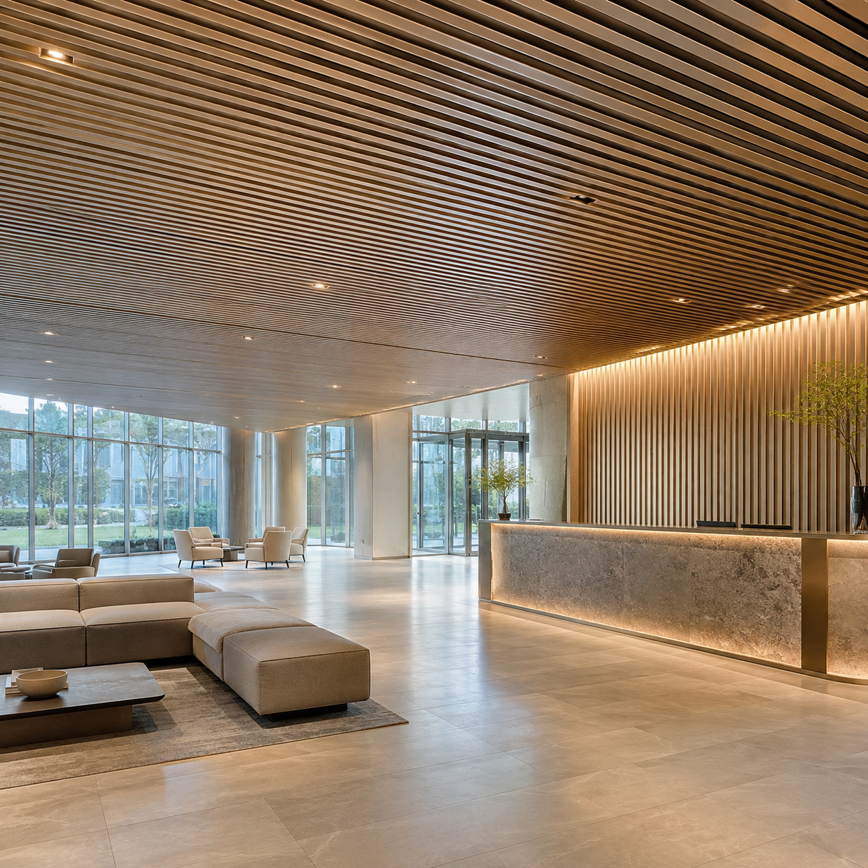 Linear aluminum baffle ceiling system installed in a modern commercial lobby