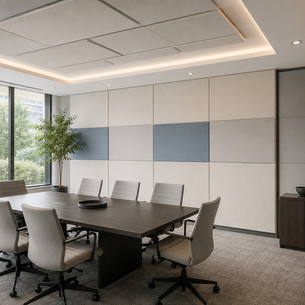 Fiberglass acoustic wall and ceiling panels installed in a modern commercial meeting room