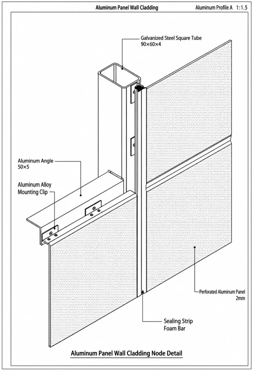 Perforated aluminum wall panel installation detail showing mounting clips, aluminum angle, screws and steel subframe