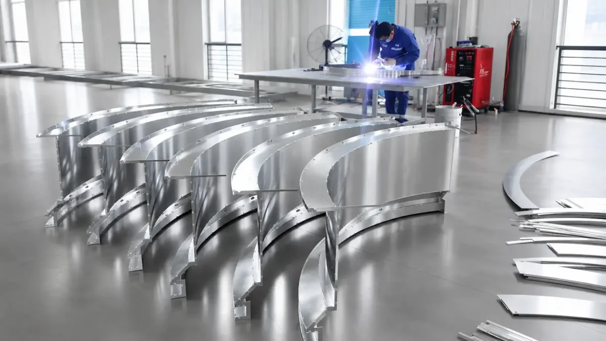 Curved aluminum panel components arranged on a factory workshop floor