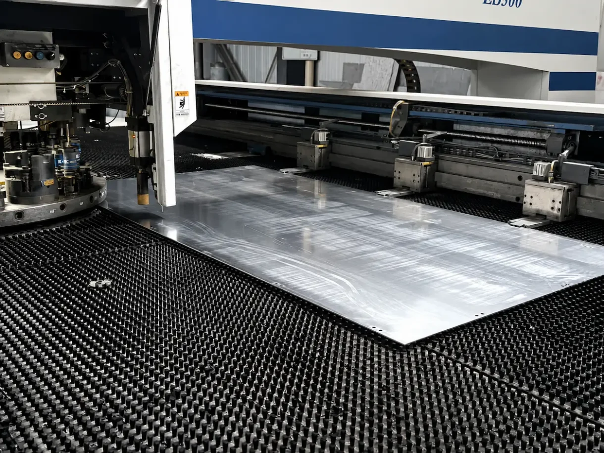 Aluminum sheet positioned on a punching machine during panel fabrication