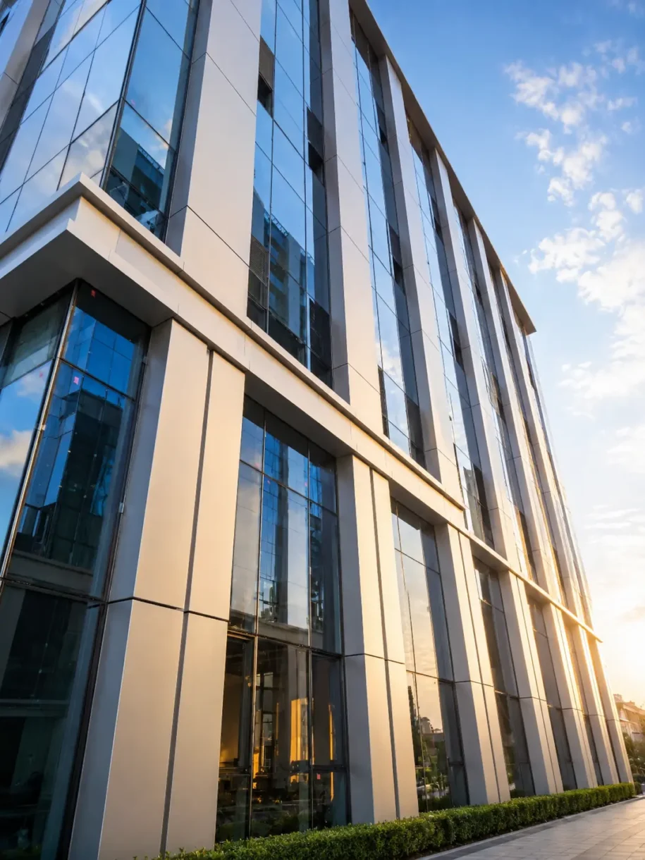 Vertical solid aluminum cladding panels framing glass windows on a modern building facade